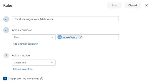 Microsoft Outlook email rules setup screenshot