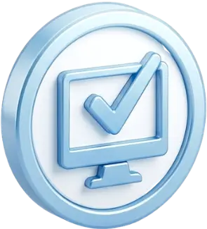 Blue circular icon with a computer monitor and a checkmark, signaling task completion or verification.