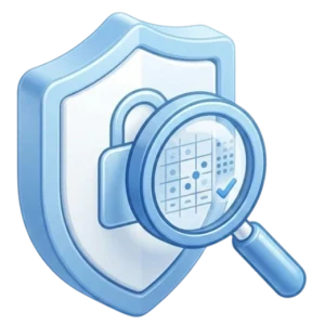 Blue shield with a padlock and magnifying glass, symbolizing security and data protection review