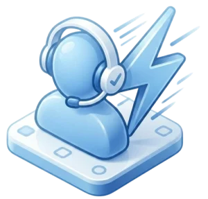 Blue 3D avatar wearing a headset with microphone on a rounded platform, representing tech support or live help