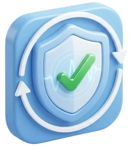 Blue security shield with a green checkmark, encircled by white arrows, symbolizing protection and verification.