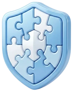 Blue shield composed of interlocking puzzle pieces, symbolizing security and protection.