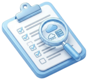 Clipboard with a checklist and a magnifying glass focusing on cloud and weather icons.
