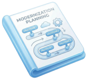 Blue notebook opened to a 'MODERNIZATION PLANNING' page showing a milestone diagram with arrows and clouds for planning steps.