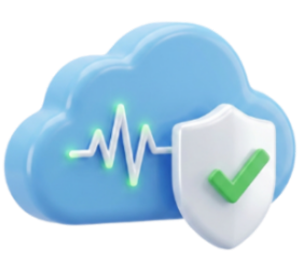 Cloud with heartbeat line and shield indicating secure health data in the cloud system