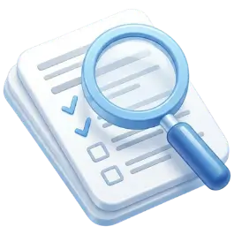 Checklist with a magnifying glass, indicating review or search through items.