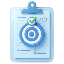 Clipboard with a blue target bullseye and a green checkmark, symbolizing quality assurance or goal achievement.