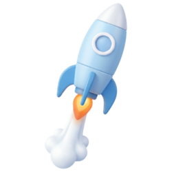 Blue cartoon rocket blasting off with white smoke trail from its engines.