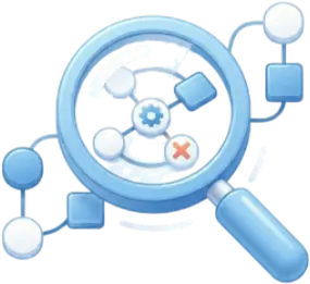 Magnifying glass over interconnected gears, symbolizing system analysis or debugging in techsophisticated style.
