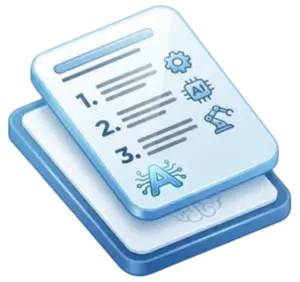 Isometric view of two blue checklist cards showing a numbered to-do list with small icons (gear, badge, flask, airplane).