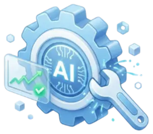 Blue gear with an AI-centered core, wrench and chart icons, representing AI tools, maintenance, and optimization.