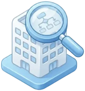 Isometric illustration of a white building with a blue magnifying glass over it, representing building search or real estate inquiry.