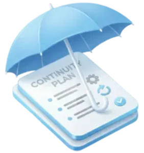 Blue umbrella shielding a document labeled 'Continuity Plan' with a checklist and gear icon, symbolizing protective business continuity planning.