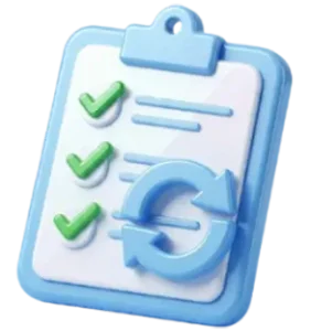 Blue clipboard with a white sheet, three green check marks, and a blue circular sync icon, symbolizing task updates or synchronization.