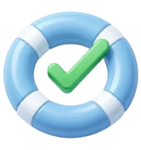 Blue lifebuoy with a green checkmark in the center, symbolizing safety and verification