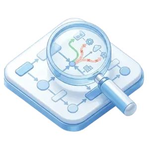 Isometric illustration of a magnifying glass over a circular diagram with connected nodes on a light-blue dashboard, suggesting analysis of a process.