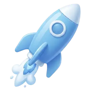 Blue cartoon rocket angled upward, suggesting launch or rapid growth.