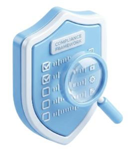Blue shield icon labeled Compliance Framework with a checklist and magnifying glass, symbolizing compliance auditing.