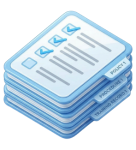 Stack of blue folders with checklists and lines, representing documentation and record-keeping for policies and procedures
