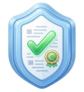 Blue shield certification badge with a green checkmark and ribbon, signaling verified quality or security