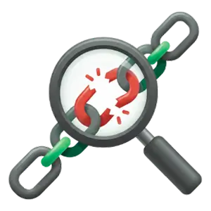 Magnifying glass inspecting a broken red chain link, symbolizing broken-link detection or link checking.