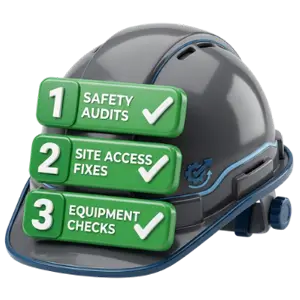 Hard hat with three green checklists labeled 1 Safety Audits, 2 Site Access Fixes, 3 Equipment Checks.