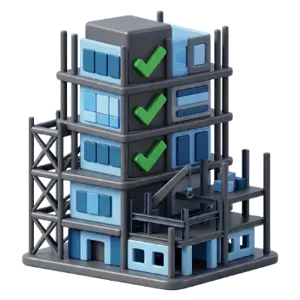 Industrial building under construction with scaffolding; three green check marks on the façade indicate completed floors.