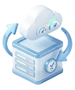 Isometric cloud backup icon showing a server unit connected to a cloud with arrows indicating synchronization and data flow