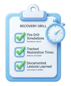 Clipboard titled Recovery Drill showing three checked items: Fire Drill Simulations, Tracked Restoration Times, and Documented Lessons Learned, with a clock icon.