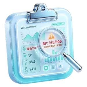 Blue medical monitoring device (clipboard-style) showing vital signs on a screen; magnifying glass highlights a BP reading of 165/105 with 'Issue Identified'.
