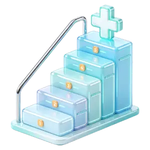 Isometric staircase of translucent blue blocks rising to a glowing medical cross, symbolizing healthcare progress or steps to health care.