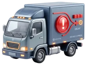 Delivery truck with a red warning exclamation mark indicating a delay