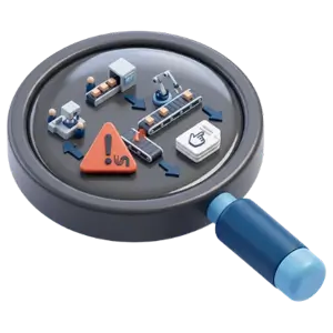 Close-up of a magnifying glass inspecting a miniature factory production line.