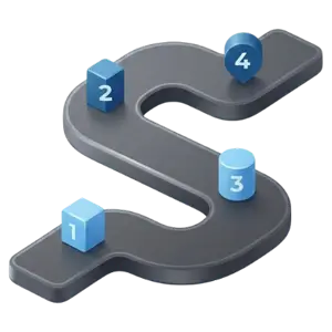 Gray S-shaped track with four blue 3D blocks labeled 1–4 placed along the path, representing steps in a process.