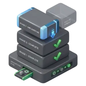Three-tier gray progress module showing Phase 1 and Phase 2 complete (green checks) and Phase 3 - Implementation in progress at the top, a conceptual illustration of project milestones.