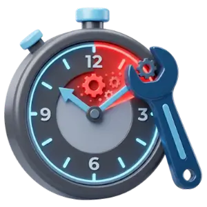 Stopwatch with exposed gears and a blue wrench, symbolizing repair or maintenance service.