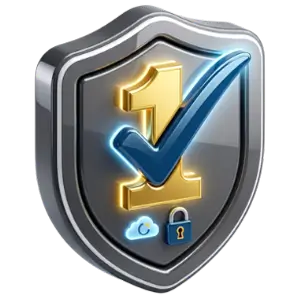 Shield emblem with a blue checkmark, lock icon, and cloud symbol indicating secure verification.