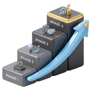 Four-step staircase labeled Phase 1 to Phase 4 with a rising blue arrow indicating growth growth stages of a process.