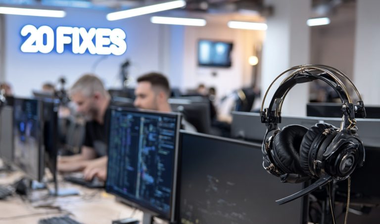 Open-office tech workspace with programmers at their desks; a large over-ear headset is in the foreground and a blue 20FIXES sign is visible in the background.