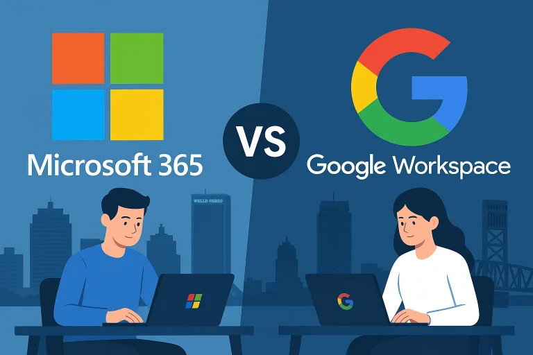 Comparison graphic showing Microsoft 365 on the left with its four colored tiles and a man using a laptop, versus Google Workspace on the right with the Google G logo and a woman at a laptop, separated by a dark VS circle against a city backdrop.