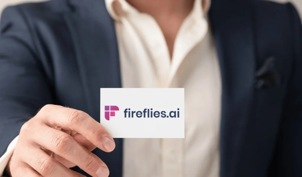 Man in a dark suit holds out a white business card displaying the fireflies.ai logo and text.