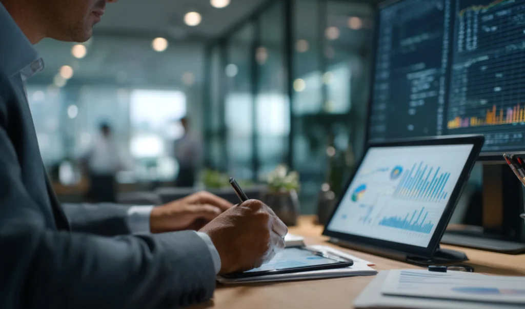 Professional in a suit analyzes financial charts on a tablet in a modern office setting ahead of a meeting