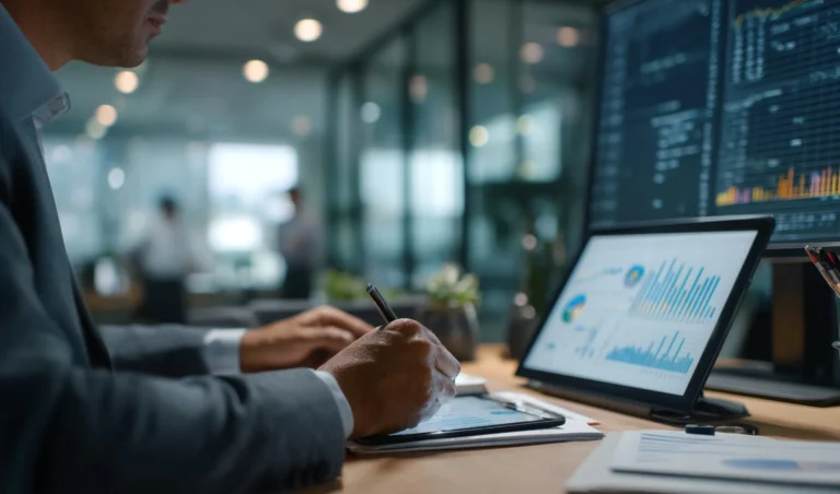 Professional in a suit analyzes financial charts on a tablet in a modern office setting ahead of a meeting