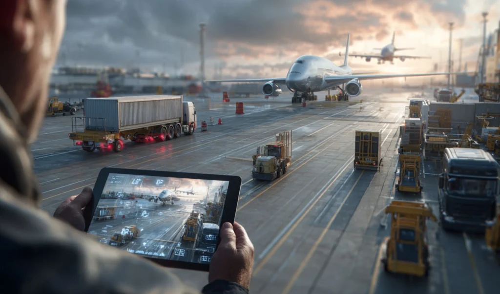 Person holds a tablet showing aircraft on the tarmac, overlooking a busy airport ground ops scene at sunset/sunrise.