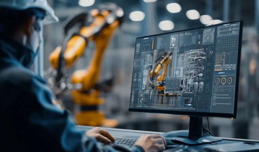 Engineer in protective gear monitors a workstation displaying a robotic arm schematic on a large monitor in a high-tech factory setting