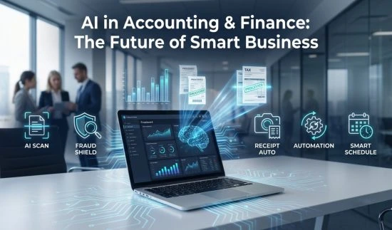 Futuristic office scene with a laptop on a desk and holographic icons for AI Scan, Fraud Shield, Receipt Auto, Automation, and Smart Schedule.
