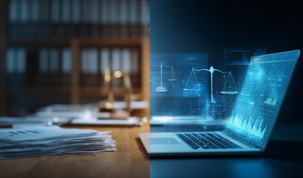 Split view of office desk and futuristic laptop screen: papers on the left, blue digital charts on the right.