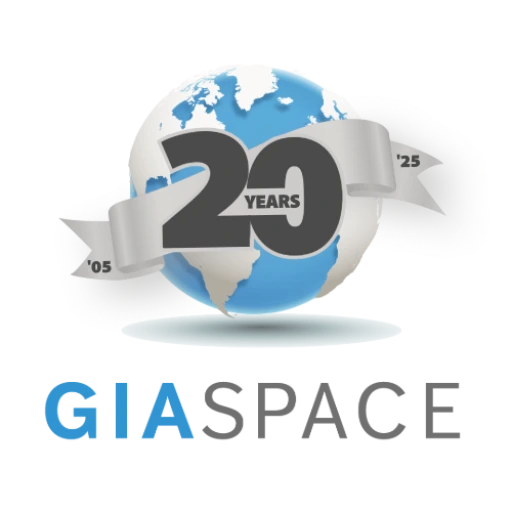 Logo featuring a blue globe wrapped by a silver ribbon marked ’05–’25’ and the text ‘GIA SPACE’ beneath.