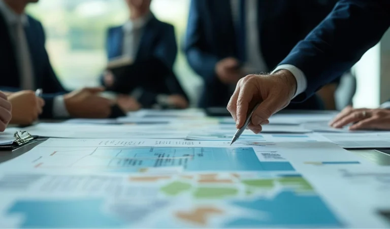 Business professionals in a boardroom reviewing blueprints on a conference table.