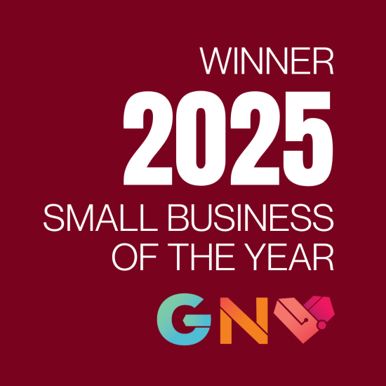 Award banner with maroon background reading: WINNER 2025 SMALL BUSINESS OF THE YEAR, plus a colorful GN logo underneath.